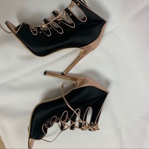 Black & rose gold open toe Brian Atwood heels